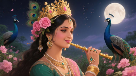 Beautiful Indian woman playing flute with peacock and moon backgroundの素材