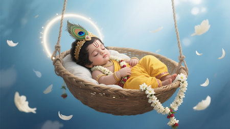 Cute asian baby girl sleeping in a basket with flowers.の素材