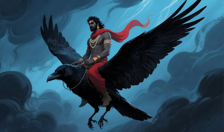 Fantasy illustration of a viking with a raven in his handの素材