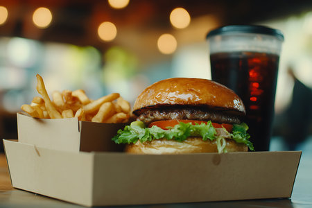 Hamburger with french fries and cola in paper box.の素材