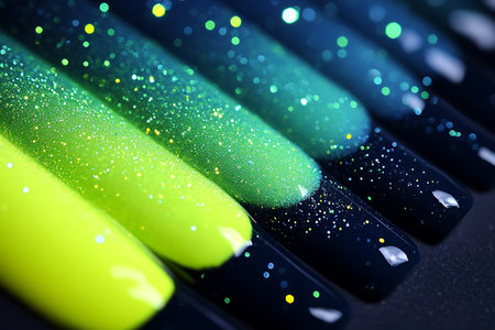 Colorful nail polishes on black background. Close-up.の素材