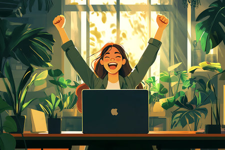 Happy young woman with hands up celebrating success while sitting at the table with laptop computer. Vector illustration.の素材