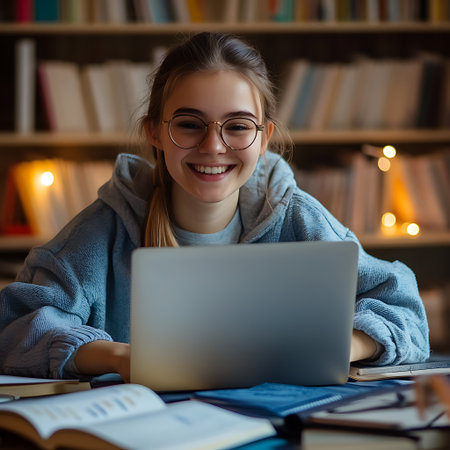 Portrait of a smiling young woman in eyeglasses using laptop while sitting at the libraryの素材