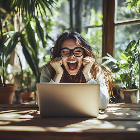 Portrait of excited young woman in eyeglasses using laptop while sitting in cafeの素材