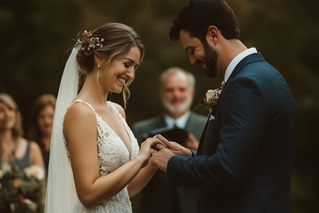 Beautiful bride and groom on their wedding day. Bride and groom holding handsの素材