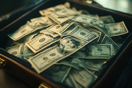 Dollars in a briefcase. Selective focus. Toned.の素材