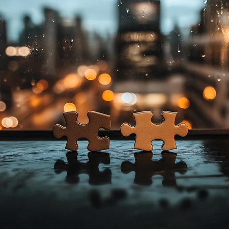 Two jigsaw puzzle pieces on a wet glass surface with city backgroundの素材