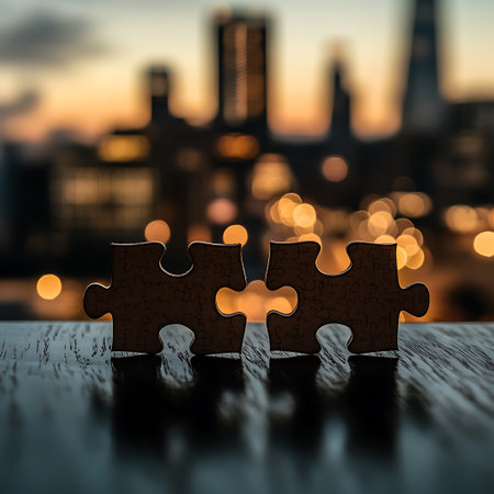 Jigsaw puzzle pieces on the wooden table with blurred city background.の素材