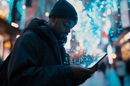Young man using tablet computer in the city at night, close upの素材
