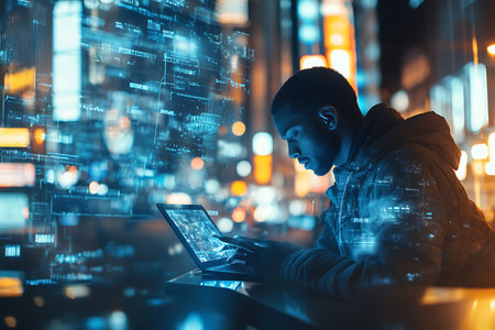 Hacker using laptop in city at night. Malware and cyber attack conceptの素材