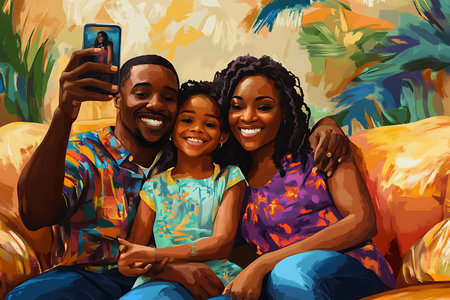 Illustration of a happy African American family taking a selfie with a smartphoneの素材
