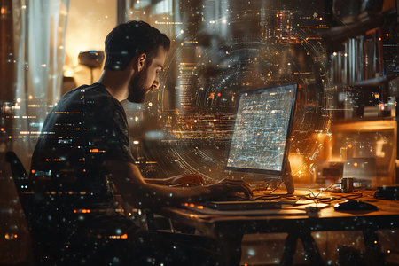 Programmer working on a computer in a dark office. Double exposureの素材