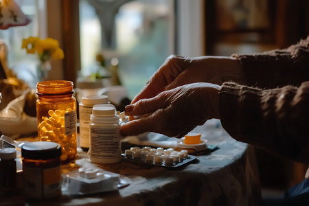 Closeup of female hands taking pills at table. Focus on foregroundの素材