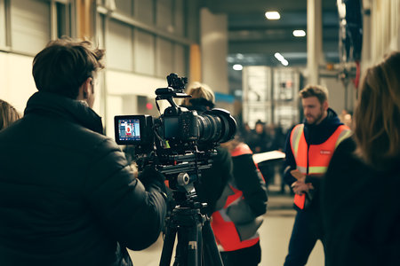 Behind the scenes of a film crew shooting a movie. Filmmaker with camera on tripod. Filmmaking.の素材
