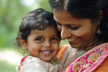 Portrait of indian mother and daughter smiling at camera in the parkの素材