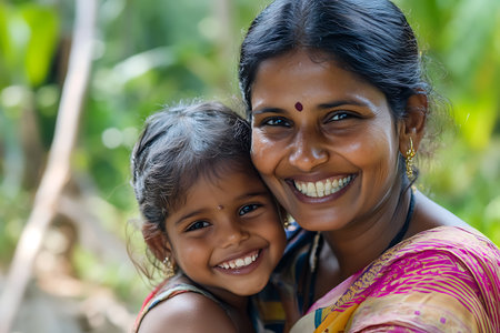 indian mother and daughter smiling at the camera with a happy expressionの素材
