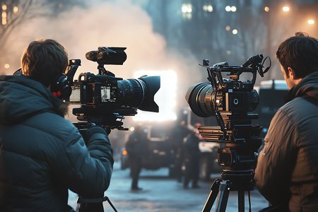 Cameraman or videographer with professional video camera on the streetの素材