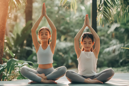 Two asian girls practicing yoga in the park. Healthy lifestyle concept.の素材