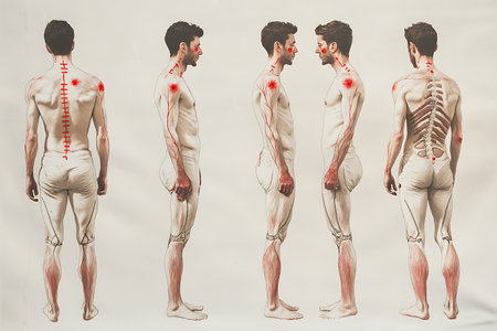 3D rendered illustration of a male anatomy with pain in the backの素材