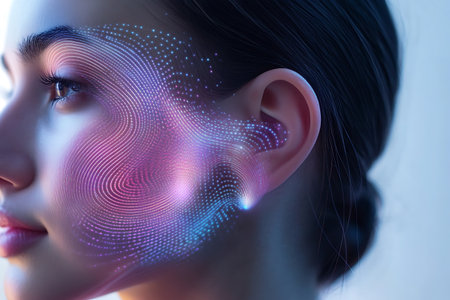 Portrait of a beautiful young woman with glowing face recognition. Biometric verification concept.の素材
