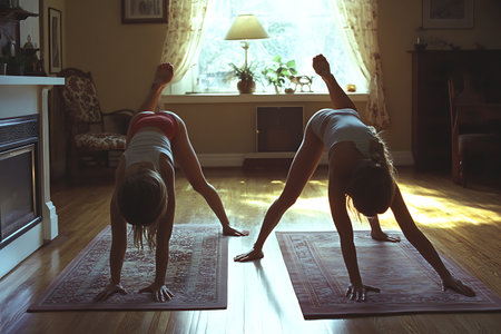Two young women practicing yoga at home in front of a window.の素材