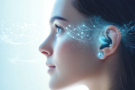 Close up portrait of young woman with digital circuit interface on her earの素材