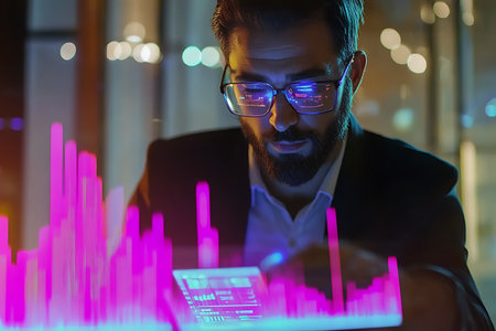 Businessman working with laptop in night office. Double exposure. Concept of technologyの素材