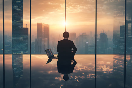 Back view of businessman sitting on the floor with laptop and looking at the city at sunsetの素材