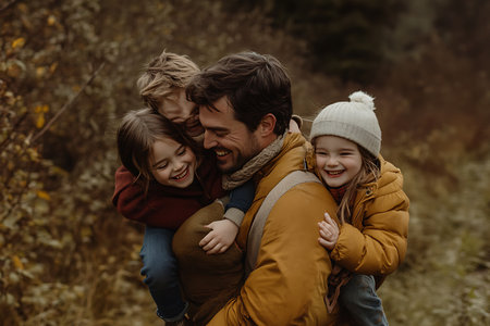 Happy family in autumn forest. Father, mother and children having fun outdoors.の素材