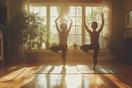 Two young women practicing yoga at home. They are sitting on a mat and doing asanaの素材