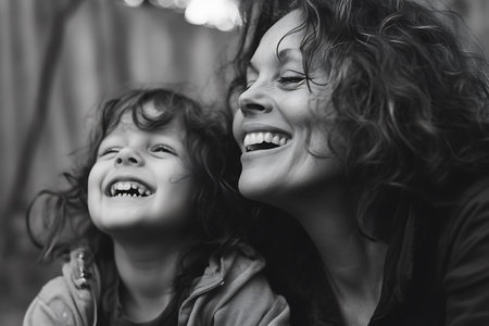 Mother and daughter laughing together in the park. Black and white photo.の素材