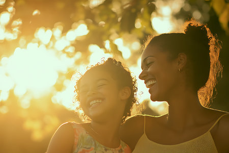 Portrait of a happy mother and daughter in the park at sunsetの素材