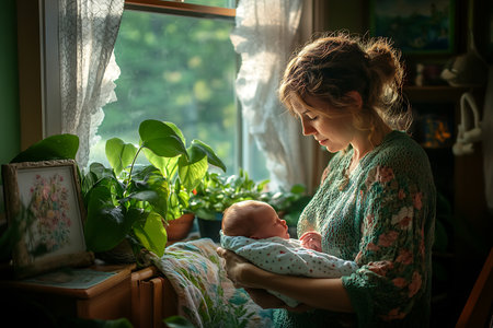 Young mother with her newborn baby on the background of the window.の素材