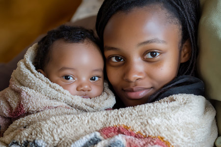 Portrait of african american mother and daughter wrapped in blanketの素材