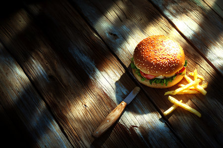 Hamburger with french fries on wooden background. Toned.の素材