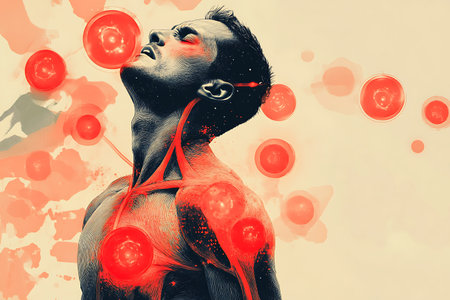 Digital composite of highlighted woman with red blood cells in front of white backgroundの素材