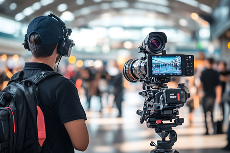 Professional videographer with professional camera recording video in the airport terminal.の素材