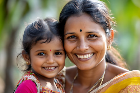 Portrait of a smiling indian mother and daughter in sareeの素材