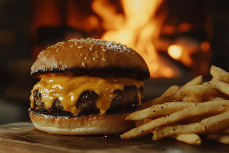 Cheese burger - American cheese burger with Golden French fries in front of fireplaceの素材