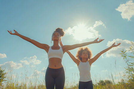Two young women in sportswear are doing yoga outdoors on a sunny day.の素材