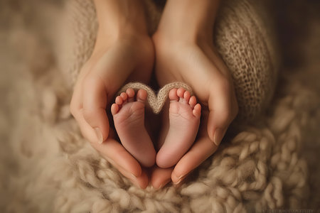 Feet of a newborn baby in the hands of a mother.の素材