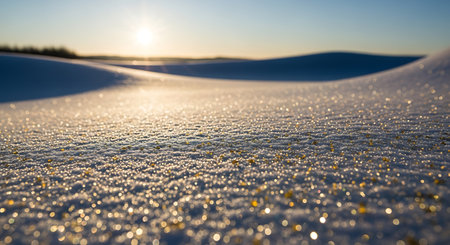 Snowy winter landscape with snowdrifts and sun in the backgroundの素材