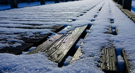 Wooden pier covered with snow in the winter, close-upの素材