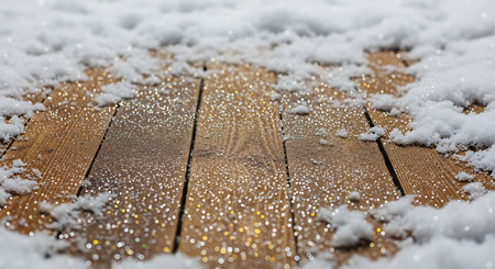 Wooden planks with snow and bokeh. Winter backgroundの素材