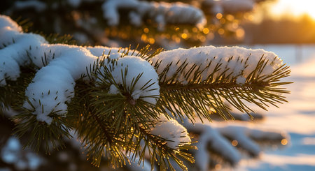 Pine branches covered with snow on the background of the setting sunの素材