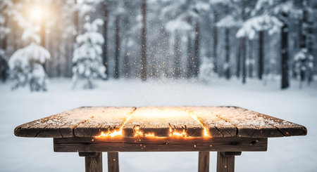 Burning sparkler on wooden table in winter forest. Mixed mediaの素材