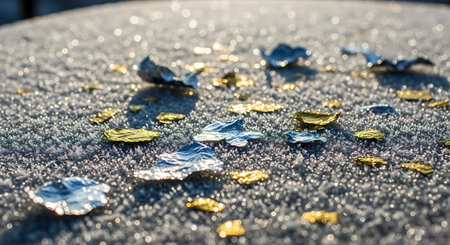 Snow covered car roof with blue and gold foil, close-upの素材