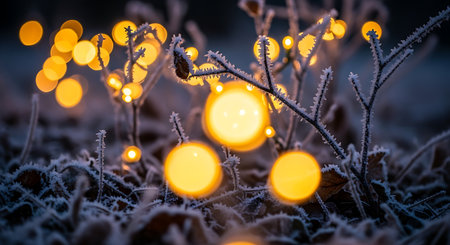 Beautiful winter landscape with frozen grass and bokeh lights.の素材