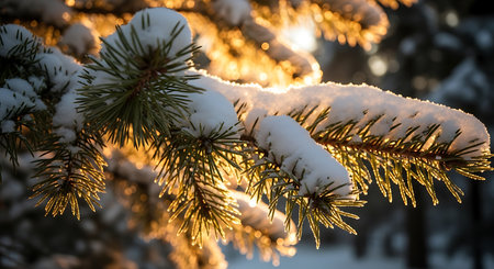 Pine branches covered with snow in the rays of the setting sunの素材