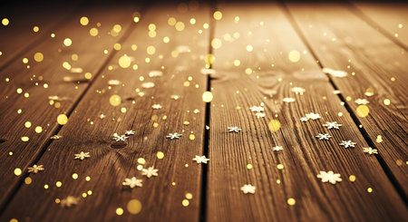 Christmas background with gold snowflakes on wooden planks. Toned.の素材